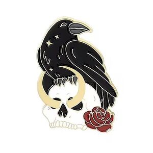 Celestial Crescent Moon Black Raven Crow on Skull Red Rose Enamel Pin Brooch